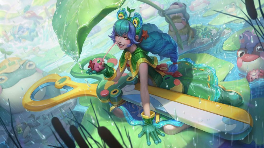 Imagem da nova skin Gwen Pastores da Chuva no LoL