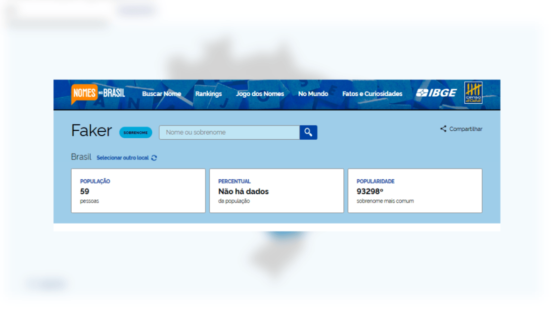 Imagem do site Nomes no Brasil, que indica 59 pessoas com o sobrenome Faker no Brasil.