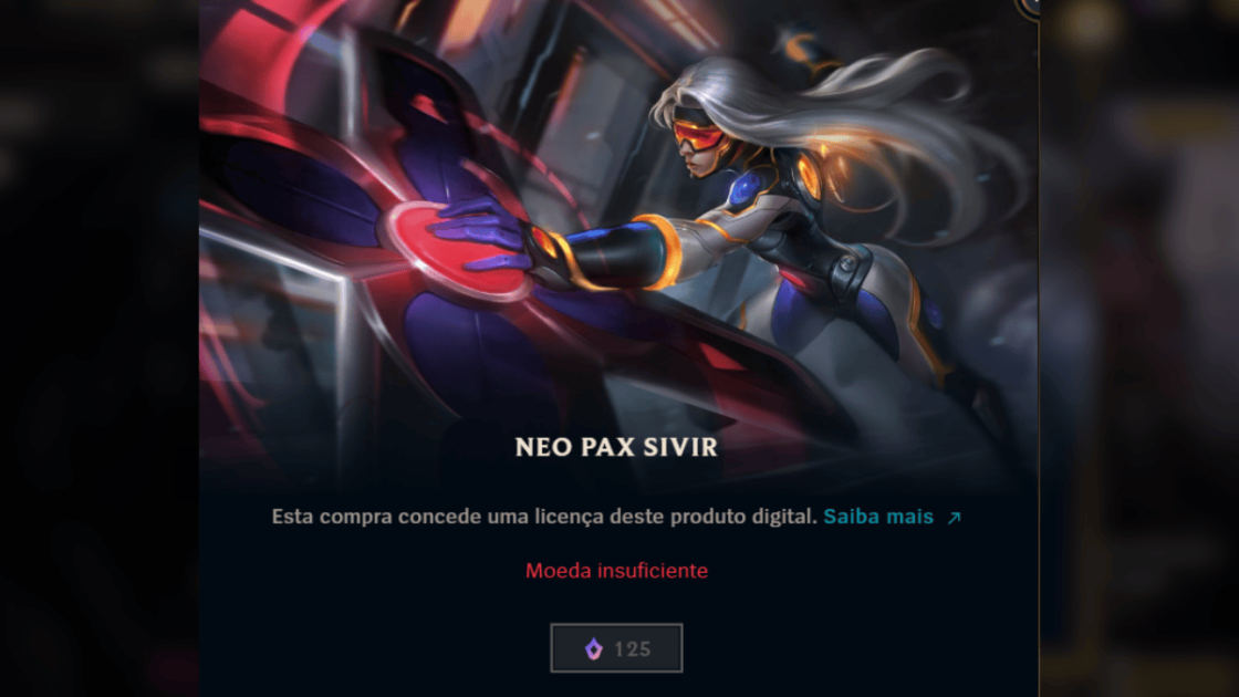 Foto da Skin Neo PAX Sivir disponível na loja mítica do LoL.