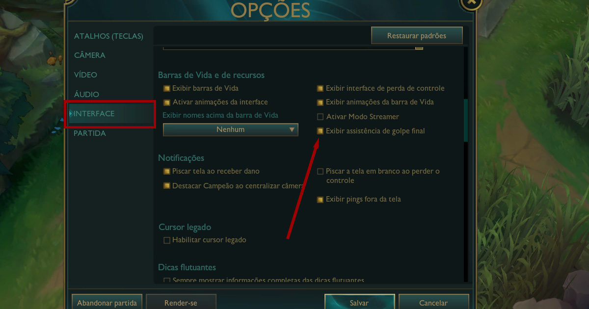 Tela de configurações mostrando como ativar assistência de Last Hit