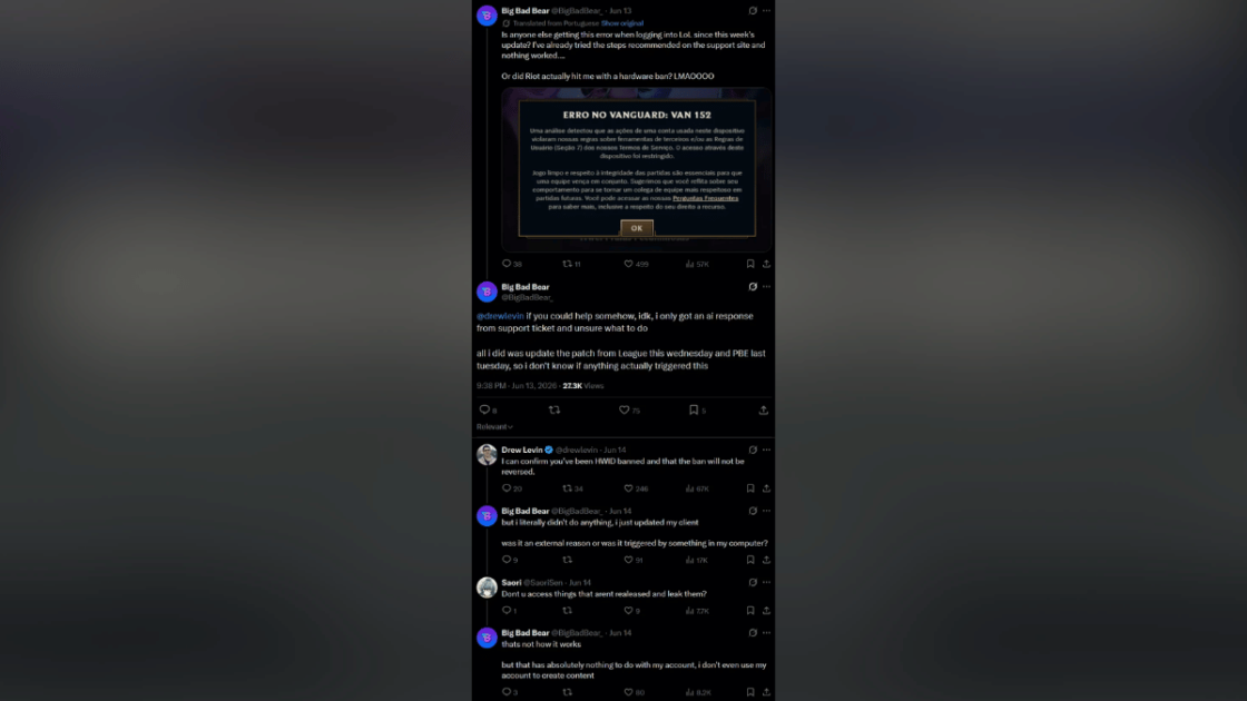Tweet de BigBadBear repercute após leaker banido Riot