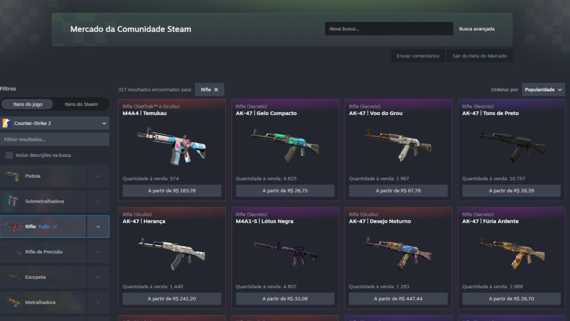 Leilão e mercado de skins do CS2